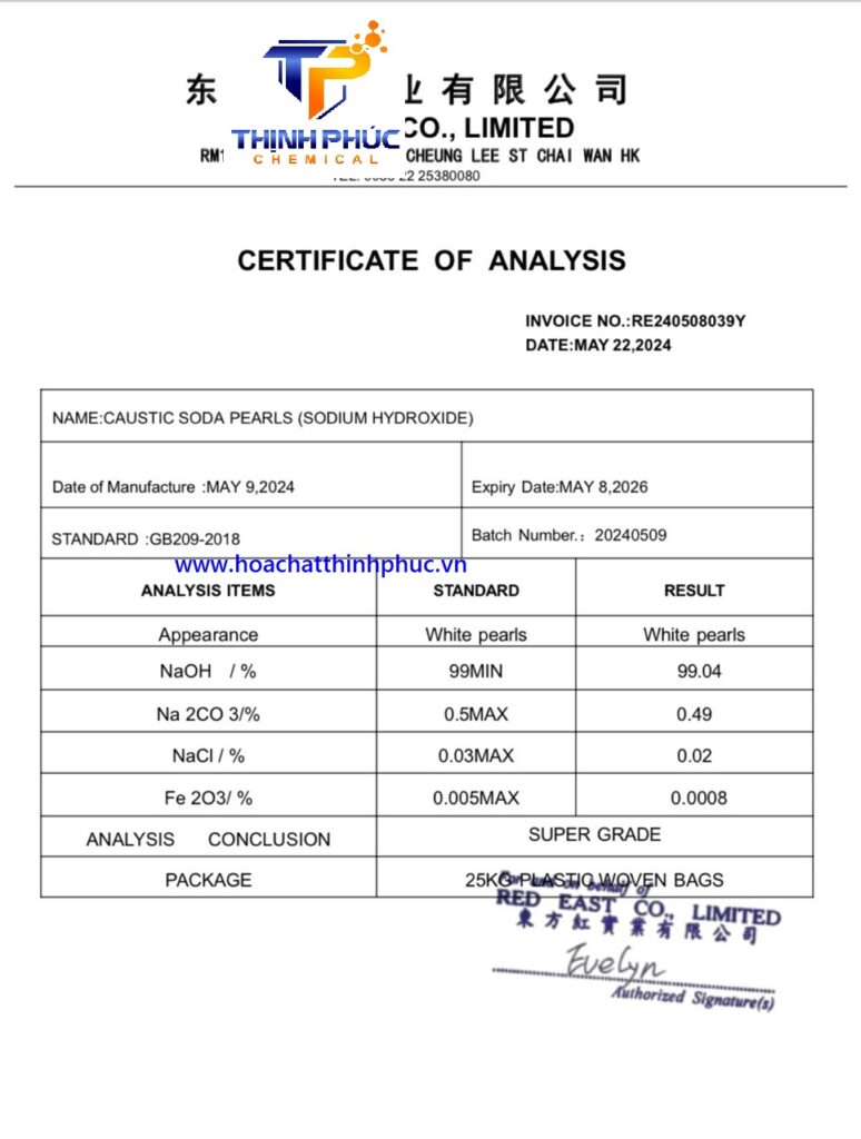 COA xút hạt Trung Quốc