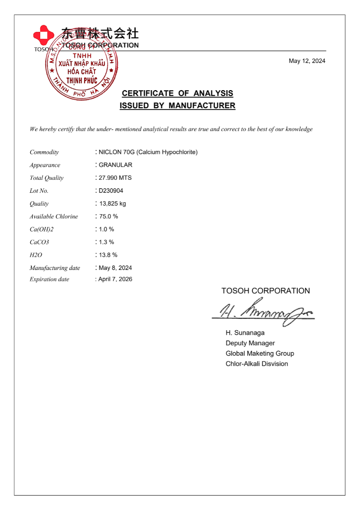 COA Chlorine Niclon - Thương hiệu Tosoh Nhật Bản