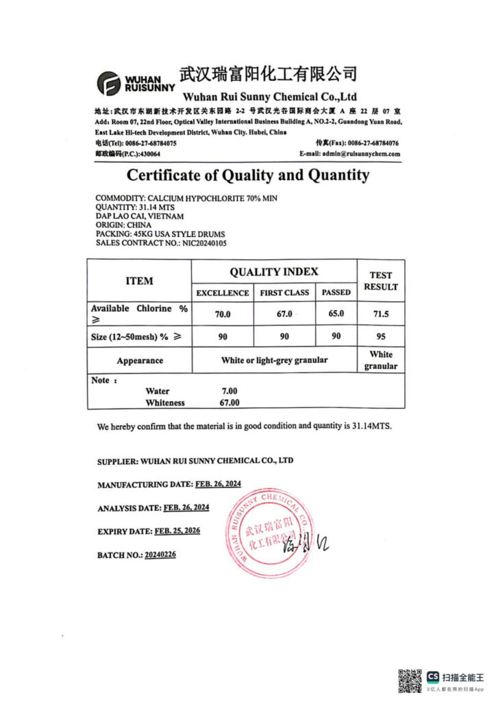 Chlorine phiếu phân tích